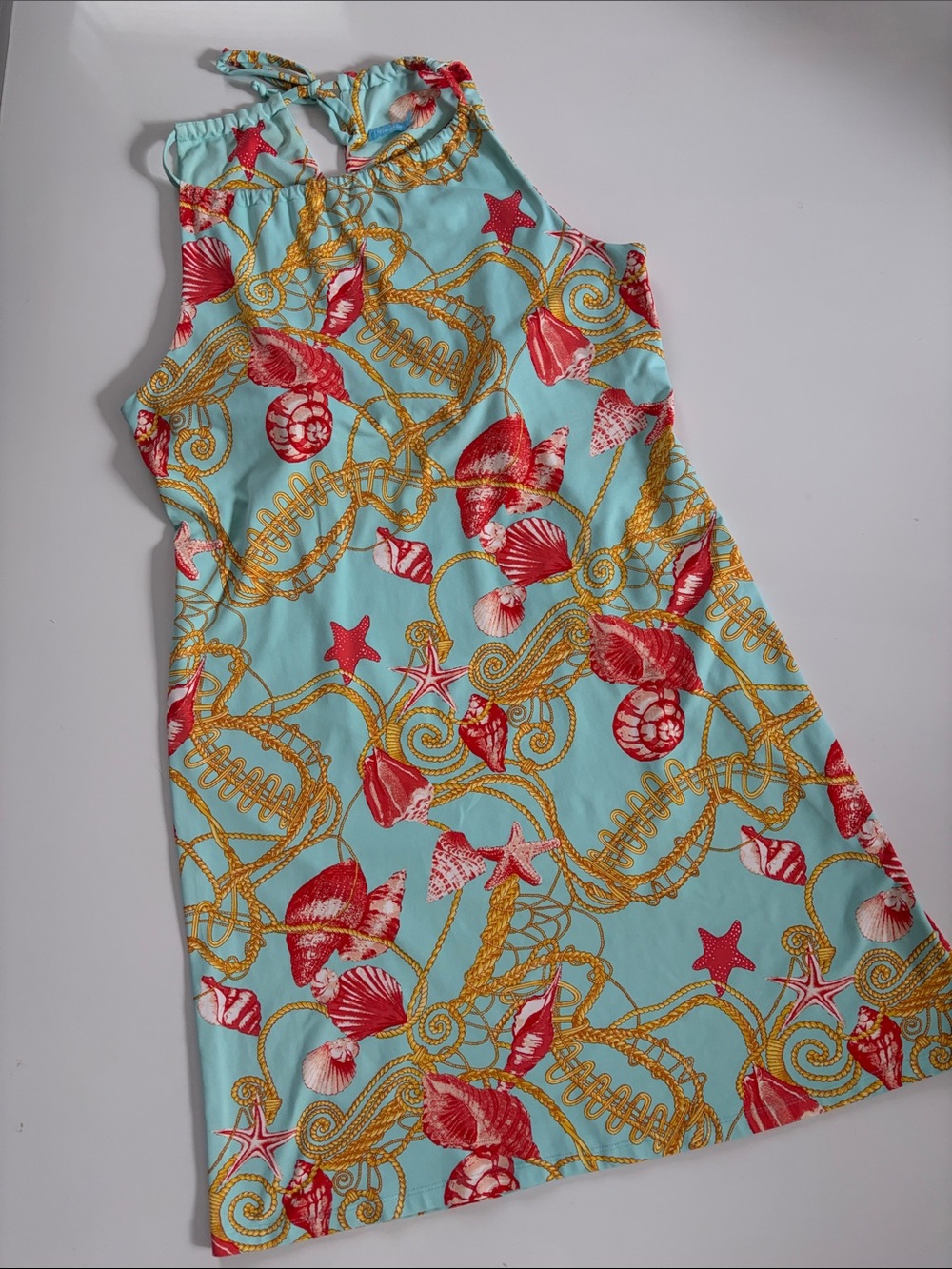 J. McLaughlin Aqua Shell & Rope Print Halter Dress Catalina Cloth Large
